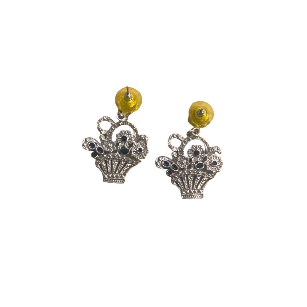 Earrings | Flower Arrangement Pot Silver Set Black Stones